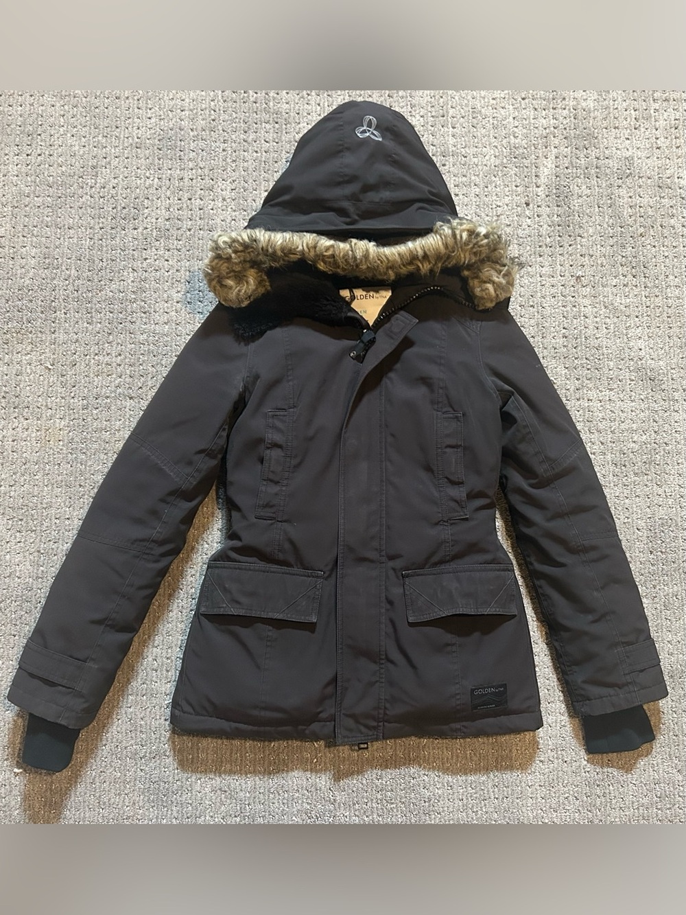 TNA Golden Black Hooded Puffer Larsen Parka with Faux Fur Trim